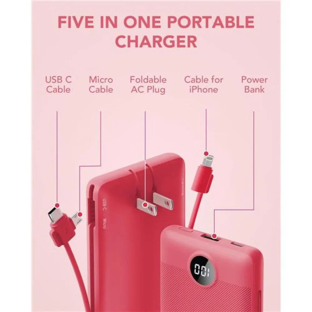 Portable Charger Built-in Cables and AC Wall Plug, USB C Power Bank 10000mAh